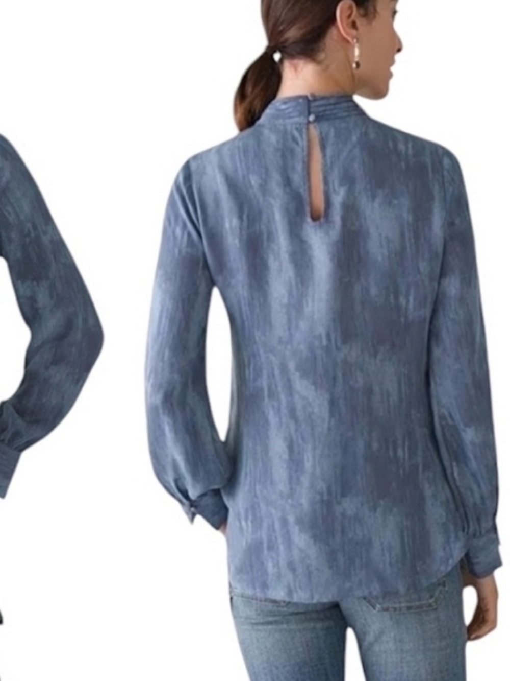 NWOT White House | Black Market - Blue Keyhole Mock Neck Longsleeve Blouse - Picture 5 of 12